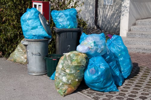 A collection of nine large rubbish bags and three wheelie bins positioned on a paved driveway outside a residential property. The rubbish bags are predominantly blue, with some in clear plastic containing mixed household waste such as paper, plastic bottles, and other debris. The wheelie bins include a grey and a black one, both with closed lids, and a smaller green bin placed in front. The background features a concrete staircase leading to the house and some greenery, including shrubs and plants, along the edge of the driveway. The scene is lit by natural daylight, emphasizing the texture of the plastic bags and the smooth surfaces of the bins, indicative of a typical rubbish collection area in Great Bookham or nearby areas. This image relates to waste management services offered by House Clearance Great Bookham in the local area, such as rubbish removal and household clearance activities.